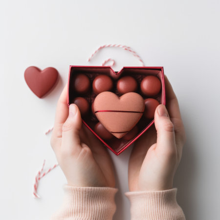 A person holding a heart shaped box with chocolate inside, AIの素材