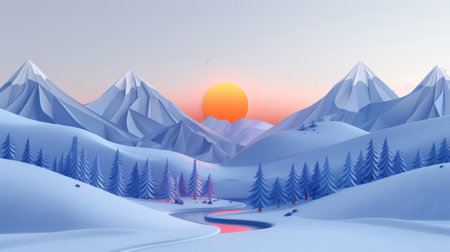 A 3d illustration of a snowy mountain range with sun setting, AIの素材