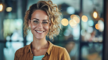 A woman with glasses smiling at the camera, AIの素材