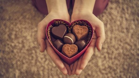 A person holding a heart shaped box of chocolates in their hands, AIの素材