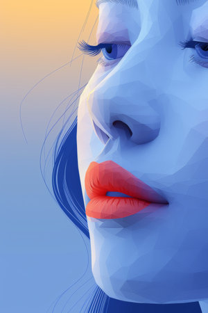 A woman with blue lips and orange hair is shown, AIの素材