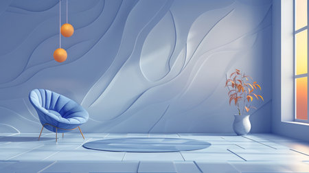 A blue chair and vase in a room with white walls, AIの素材