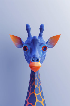 A giraffe with a blue face and orange eyes on gray background, AIの素材