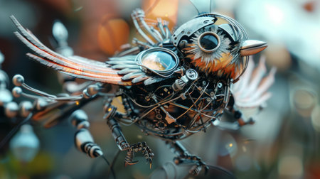 A bird made of metal parts with a beak and eyes, AIの素材