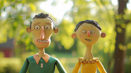 A couple of a pair of wooden dolls standing next to each other, AIの素材