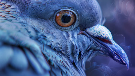 A close up of a bird with an orange eye and blue feathers, AIの素材