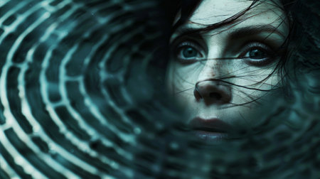 A woman with a creepy face in the middle of some water, AIの素材