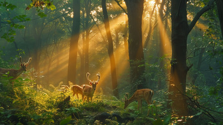 A group of deer in a forest with sunlight shining through the trees, AIの素材