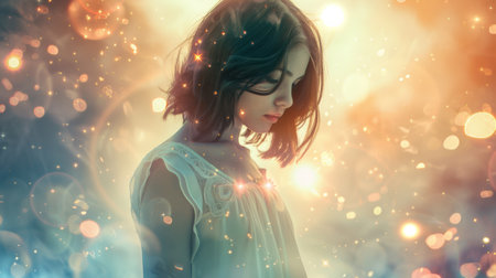 A woman in a white dress with her eyes closed, AIの素材