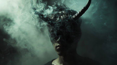 A man with horns and smoke in the background, AIの素材