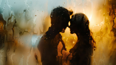 A couple kissing through a rain-soaked window pane, AIの素材