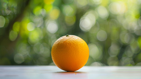 An orange sitting on a table in front of some trees, AIの素材