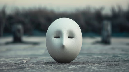 A white mask on a concrete surface with no eyes, AIの素材