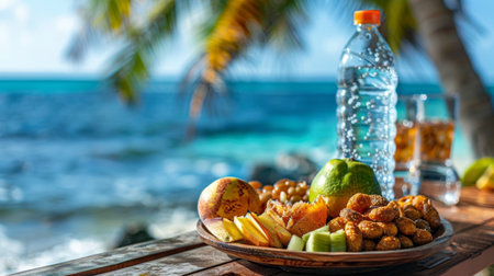A plate of fruit and water on a table next to the ocean, AIの素材