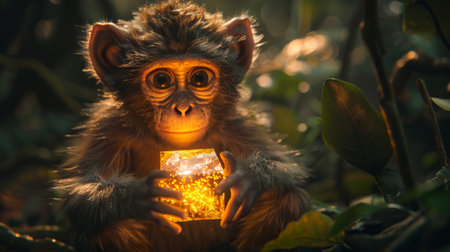 A monkey holding a small box in its hands with glowing eyes, AIの素材
