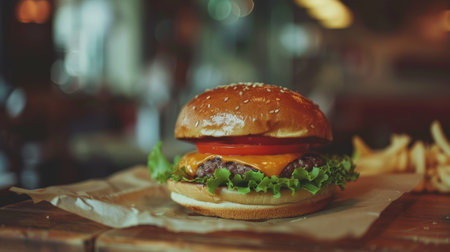 A cheeseburger with tomato, lettuce and cheese on a wooden table, AIの素材