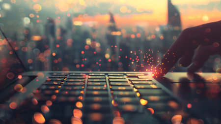 A person typing on a laptop with city lights in the background, AIの素材