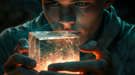 A man holding a box with smoke coming out of it, AIの素材