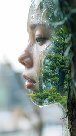 A womans face with trees and a forest in the background, AIの素材