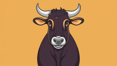 A black bull with horns on a yellow background, AIの素材