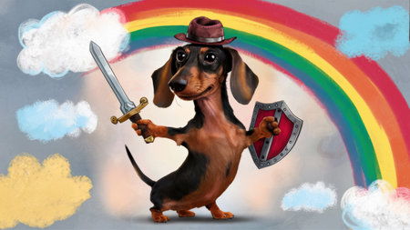 A cartoon dog with a sword and hat on holding up his shield, AIの素材