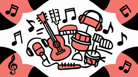 A drawing of a musical instrument and music notes on black background, AIの素材