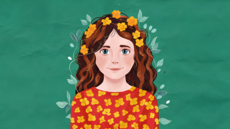 A drawing of a girl with flowers in her hair and red dress, AIの素材