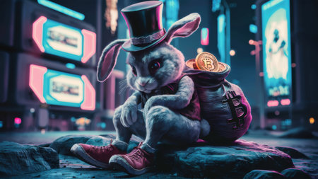 A rabbit with a top hat and bag of money sitting on the ground, AIの素材