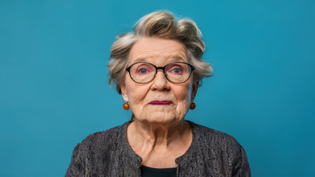 An older woman with glasses and a blue background, AIの素材