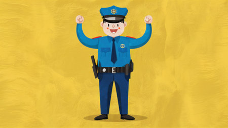 A cartoon police officer with arms raised in victory, AIの素材