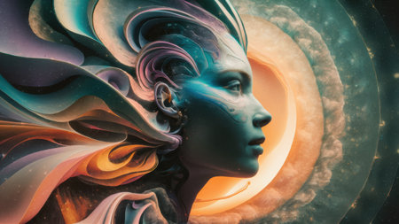 A woman with a colorful headband and hair in front of an abstract background, AIの素材