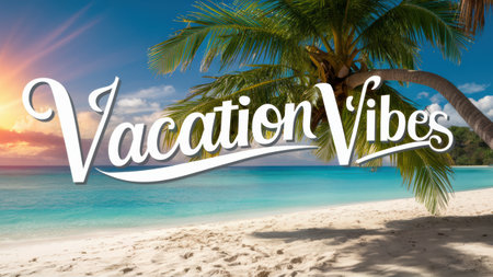 A palm tree is sitting on a beach with the word vacation vibes written in white letters, AIの素材