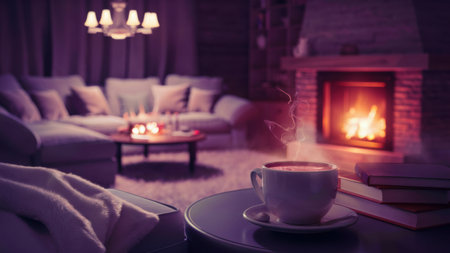 A cup of coffee sitting on a table in front of the fireplace, AIの素材