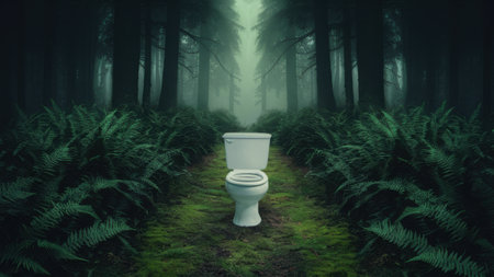 A toilet sitting in the middle of a forest surrounded by trees, AIの素材