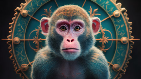 A close up of a monkey with sad eyes in front of an ornate frame, AIの素材