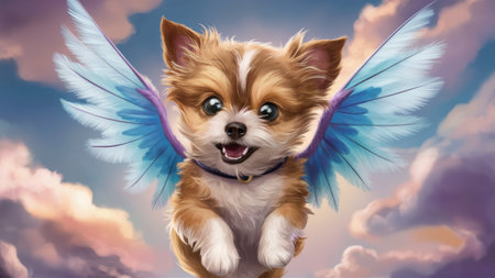 A small dog with wings and a blue collar flying through the clouds, AIの素材