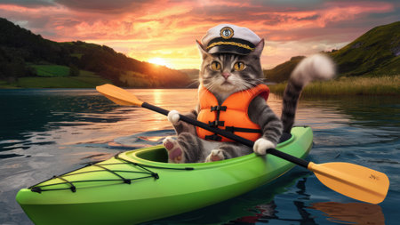A cat in a life jacket paddling on the water with an oar, AIの素材