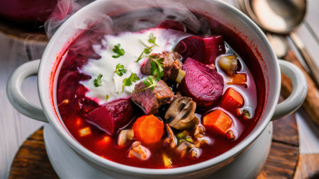 A bowl of soup with meat and vegetables in it on a table, AIの素材