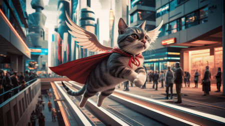 A cat with wings flying over a city street, AIの素材