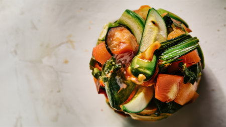 A close up of a plate with vegetables on it sitting in the middle, AIの素材