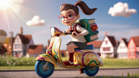 A cartoon girl riding a scooter with books on it, AIの素材