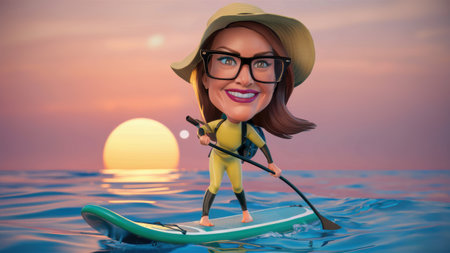 A cartoon of a woman in glasses riding on top of the water, AIの素材