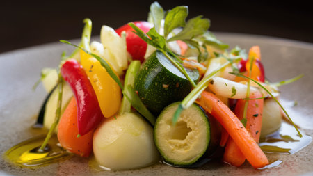 A plate of a dish with vegetables on it sitting in water, AIの素材