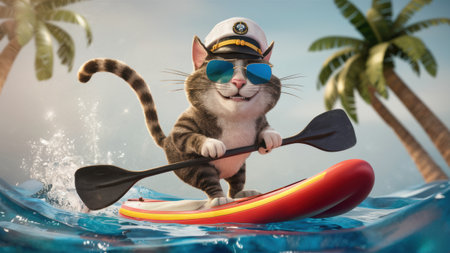 A cartoon cat in a hat and sunglasses riding on top of a surfboard, AIの素材