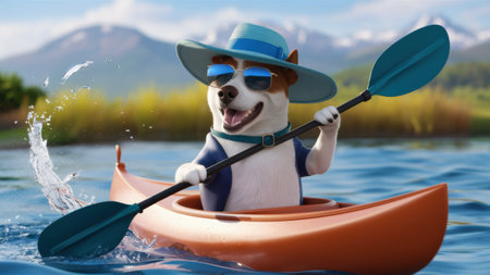 A dog in a hat and sunglasses rowing on an orange kayak, AIの素材