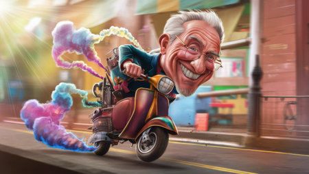 A cartoon of a man riding on the back of a scooter, AIの素材