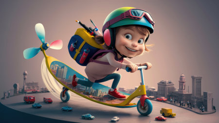A cartoon girl riding a scooter with an airplane on it, AIの素材
