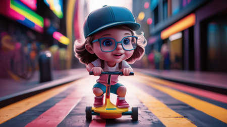 A cartoon girl riding a scooter with glasses and hat, AIの素材