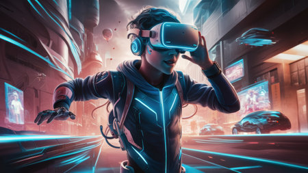 A man in a futuristic suit is wearing virtual reality glasses, AIの素材