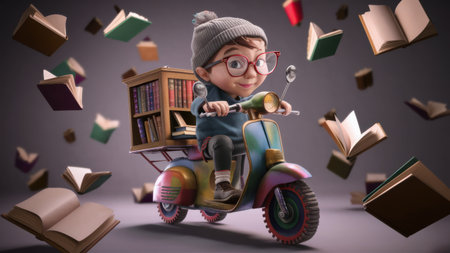 A cartoon boy riding a scooter with books flying around him, AIの素材